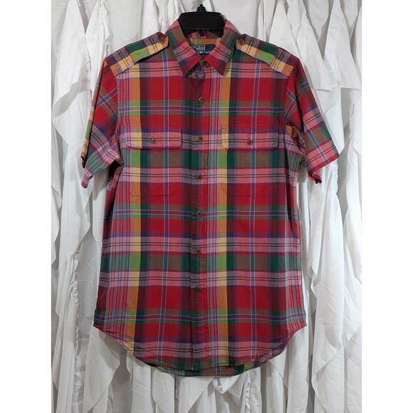 Polo by Ralph Lauren Madras Plaid Safari Red Short Sleeve Button Up Size Medium - Picture 1 of 10
